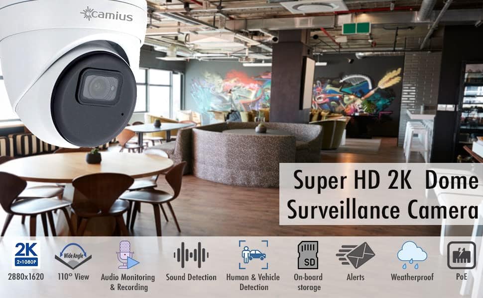 Camius Superhd 5MP Poe sigurnosna kamera sa audio snimanje, 2880x1620 30 FPS, 110 stepeni prikaz, zapise za mikro SD / NVR, Zvuk,