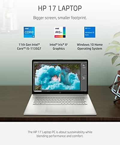 HP 17 Laptop, Intel Core I11. generacije i5-1135g7, 8 GB RAM-a, 256 GB SSD memorije, 17.3-inčni HD+ ekran, Windows 10 Home, ekran protiv odsjaja, dugo trajanje baterije, web-cam & dvostruki mikrofoni