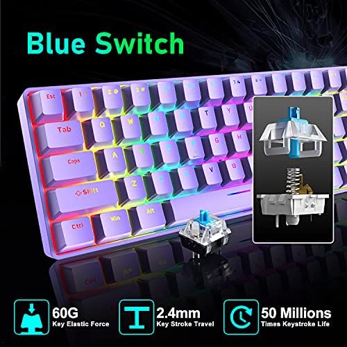 LexonElec 60% žičana tastatura za igre, RGB Ultra kompaktna mehanička tastatura sa pozadinskim osvetljenjem, plava sklopka vodootporna kompaktna 68 tastera tastatura za daktilografski Laptop PC Mac Gamer