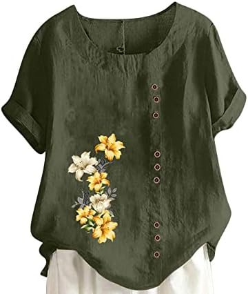 Plus size cvjetni vrhovi za žene 2023 ljeto dugme dolje pamučno posteljina jacquard bluze top modne majice kratkih rukava