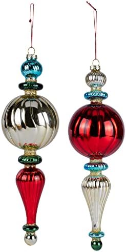 DEMDACO šarena Crvena krema Finial 10 x 3 staklo dekorativni viseći Ornament Set 2