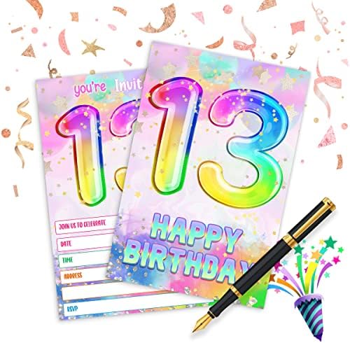 13. rođendanske pozivnice za rođendan, dugi holografski poziv sa kovertama (20 set)
