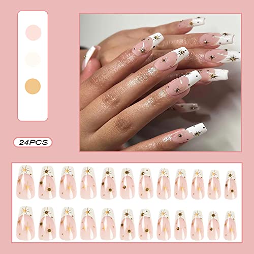 24 kom pritisnite na noktima srednje lažni nokti francuski goli ružičasti lažni nokti sa lepkom Sparkly Star Designs lepak na noktima