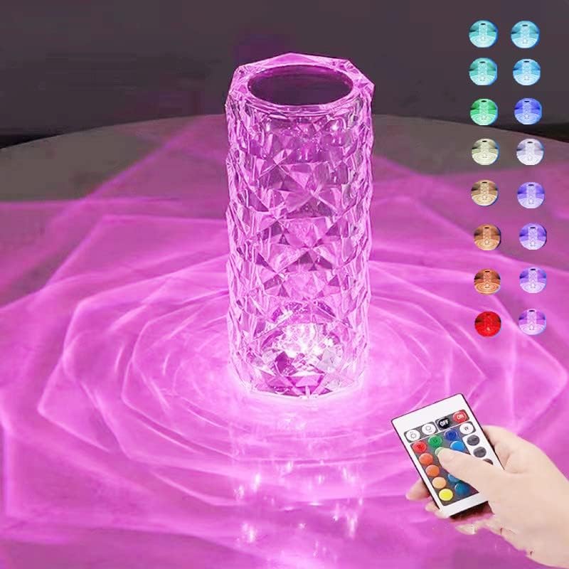 Kristalna stolna lampa, dodirna kontrola 3d Dijamantska ruža Kristalna lampa sa 16 RGB bojom, USB Punjivo noćno svjetlo sa daljinskim