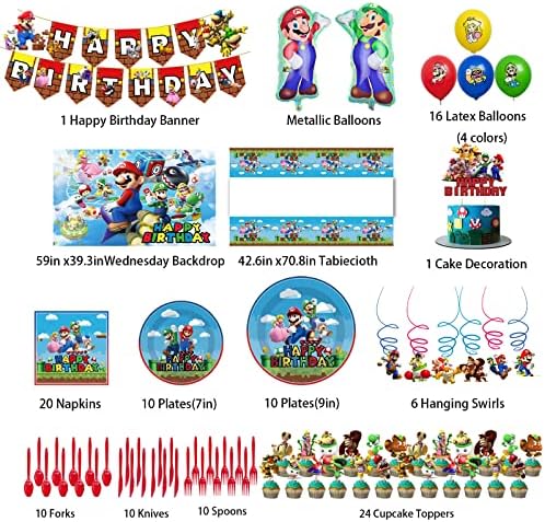 Mario potrepštine za rođendanske zabave-148 kom Mario potrepštine za zabavu uključivale su Mario pozadinu, Baner, stolnjak, viseće vrtloge, Topere za torte od kolačića, posuđe, balone od lateksa, balon od aluminijumske folije