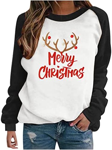 RUZIYOOG sretan božićni duks za žene patchwork dugih rukava pulover T majica labava bluza od raglan tunika