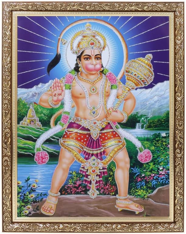 Hanuman Bhagwan Silver Zari umjetnička djela u bakrenom zlatnom umjetničkom okviru Veliki