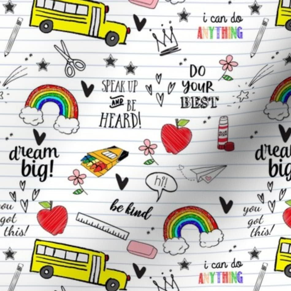 Spoonflower Fabric-Back School Doodles autobus za djecu odštampan na pamučnoj tkanini s potpisom latica pored dvorišta-dekor za šivenje odjeće za prošivanje