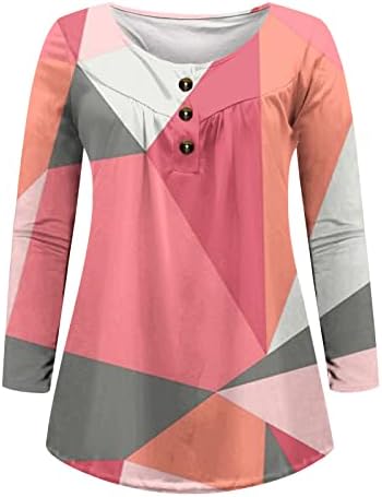 Žene na vrhu Casual Geometry Colorblock Print Košulje Dugi rukav Otvorite dugme V-izrez Loop FIT sa naborane košulje tunike