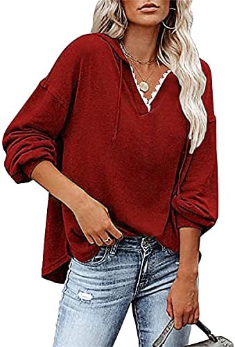 Žene čipke V-izrez dukseri dugi rukav pulover Duks bočni podijeljeni prevelizirani nacrtač pune boje