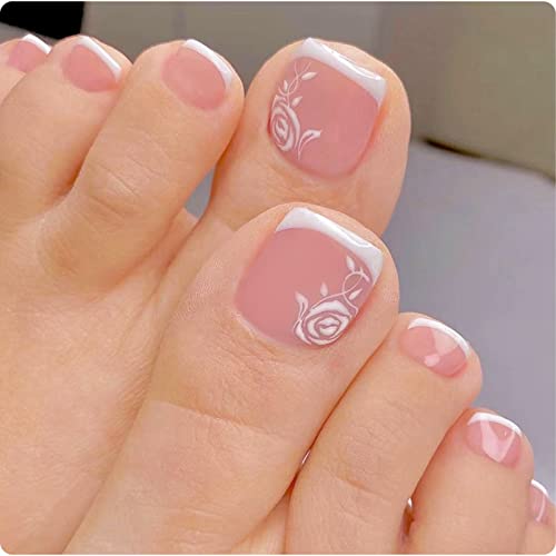 Hot Pink Press on Toenails with Glossy Colorful Designs toe Nail Press ons Silver Glitter Pink Zebar uzorak lažni nokti i Leopard print Crni lažni Toe statički nokti za žene nude pink francuski Press on Toenails White Rose