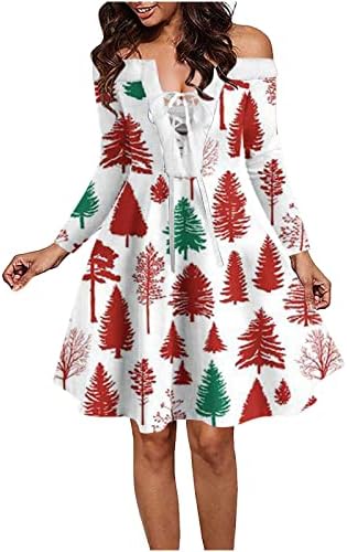 Ženska haljina od ramena ženske božićne haljine Snowflake Print tunika tunika čipkaste rub rub haljina