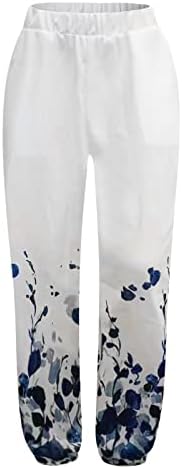 Ženske rastezljive široke noge Palazzo pantalone sa cvetnim štampanim pamučnim platnom labave lanene pantalone za leto sa džepovima