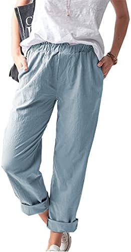 Pamučne lanene pantalone ženske ljetne Casual pantalone sa džepovima labave vezice čvrste rastezljive udobne pantalone na plaži visokog struka