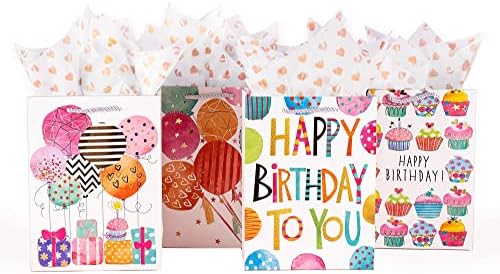 OfficeCastle Small Rođendan poklon torbe s šarenim papirom za tkivo | 7x4x9 inča, torbe za rođendan 4 pakovanja za novorođenčad / djecu / muškarce / žene