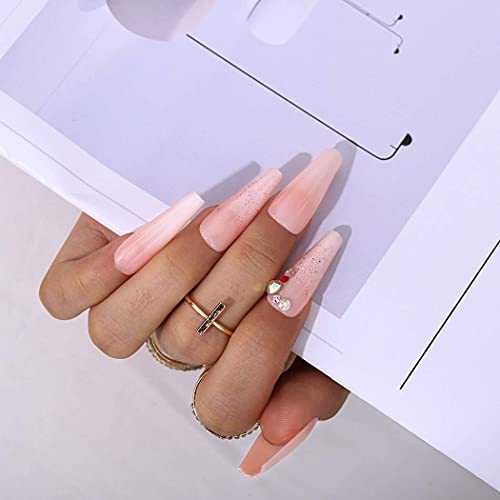 Foyte Long Press na noktima Ombre Pink sjajni lažni nokti Glitter Crystal Ballerina lažni nokti umjetni nokti za žene i djevojke 24kom