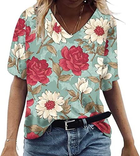 Košulja Dame kratki rukav 2023 Pamučni V izrez Cvijet grafika Lounge Loour FIT prevelika majica bluza za teen djevojke