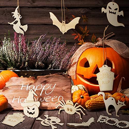 60 komada Halloween Drvene kriške prazne viseće oznake Viseći drveni ukrasi Halloween Fall bundeve rezovi za obrt sa 60 komada Twine
