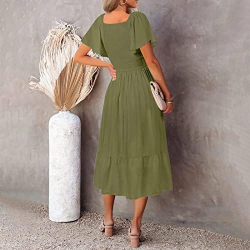 Žene pune boje Linijska haljina 2023 Ljetni casual v izrez ruffle rukave s magim strukom midi haljina s džepovima