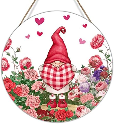 Prednja vrata za-vijenac za Valentinovo gnome cvjetna ljubav rustikalni znakovi ružičaste i crvene ruže cvjetni srčani gnome znak