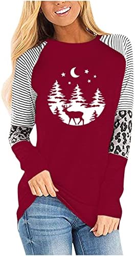 Žene Ležerne prilike za božićne majice Dugi rukavi Leopard Boja blok prugasti patchwork tee Crewneck Tuntic