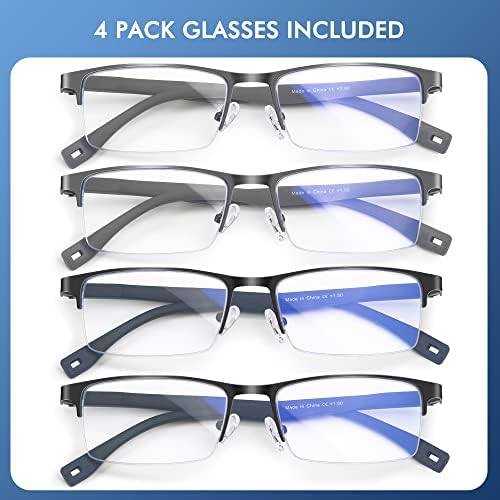 FELIXAIM 4 PACK PLAVI Svjetlo za čitanje za muškarce, pola okvira metalnih čitača lagane naočale sa opružnim šarkama