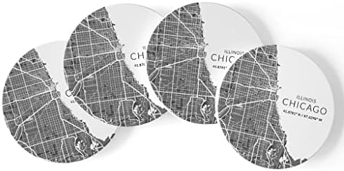 Minimalistička karta Chicaga, Joyride Početna Décor 4 Keramički podmetači, 4-inčni krug pića podmetači, set od 4, neklizajući pluta, štiti površine, izražava svoj stil.