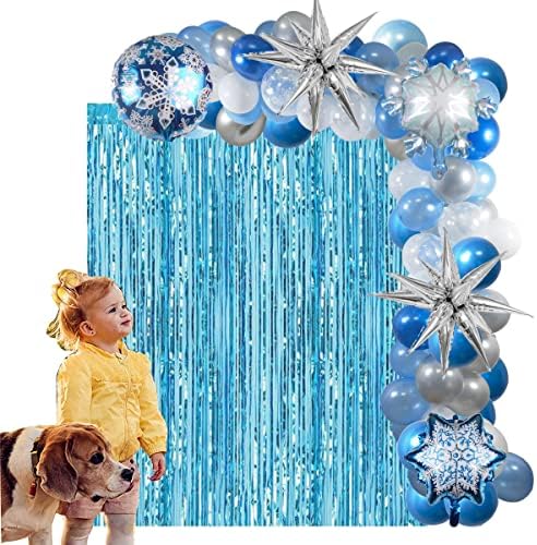 Smrznute balone Garland ukrasi, ledene plave fringe zavjese, 105 pakovanje plavi bijeli srebrni baloni snijeg cvijeće folije baloni