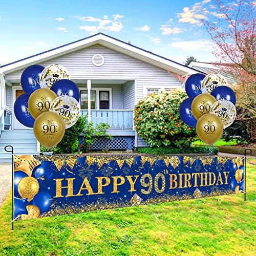 Ukrasi za 90. rođendan za muškarce žene plava i Zlatna, tamnoplava Zlatna Rođendanska zabava Yard Banner 18 kom 90. Baloni za 90. godišnjicu rođendanske zabave Božićni dekor na otvorenom