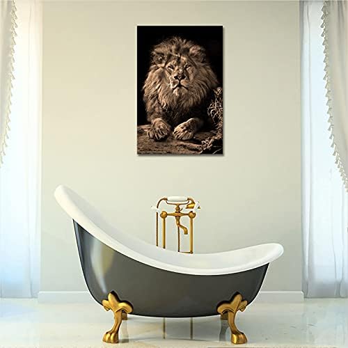 Rnnjoile Lion Canvas Prints Powerful Wild Animal Painting Picture Black and Brown zid dekoracije za spavaonice stan ured Wildlife Giclee Artwork for Men Stretched and Framed Ready to Hang 24x36