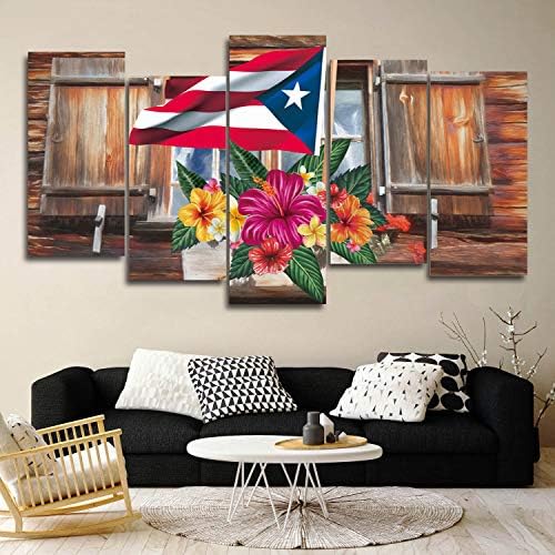 5 ploča Giclee umjetničko djelo s uokvirenim, zidna umjetnost za dekor spavaće sobe / dnevnog boravka/restorana, Zastava Portorika i hibiskus u štali Print slika na platnu, omot Galerije spreman za vješanje
