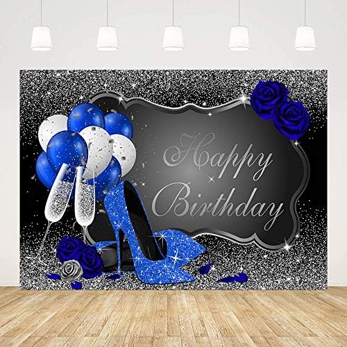 MEHOFOND Glitter srebrna i plava pozadina za rođendan za žene ukrasi za rođendanske zabave Banner kraljevske plave potpetice Rose