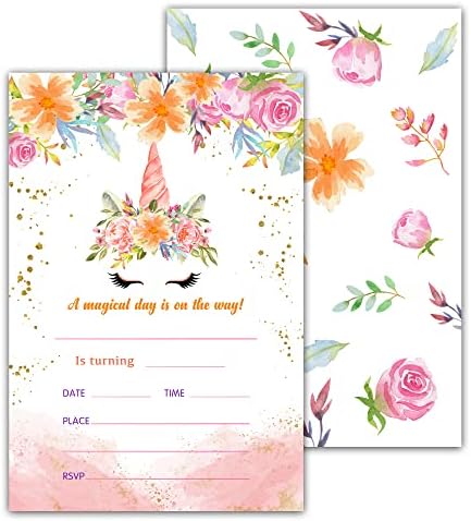 Cvjetne duge rođendanske pozivnice - ružičaste cvjetne pozive - Bday Pozovite ideje za mlade djevojke dječake - 20 brojeva pozivnica sa kovertama
