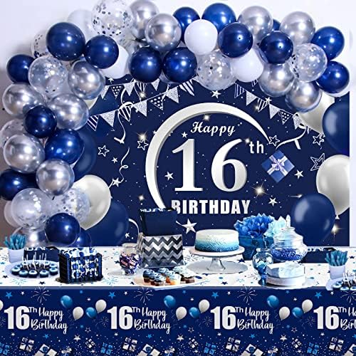 Tamnoplavi ukrasi za 16. rođendan za dječake i djevojčice, pozadina za sretan 16. rođendan, stolnjak, baloni Garland luk Kit - 16.