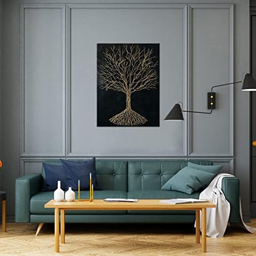 Sechars Drvo života zidna Umjetnost apstraktna slika Crnog i Zlatnog drveta štampana na platnu Moderna dekoracija dnevne sobe spavaća soba rastegnuta umjetnička djela spremna za vješanje 24x32 inča