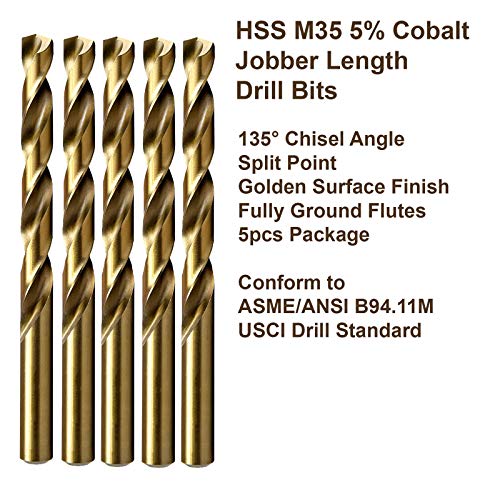 MAXTOOL 3/32 5kom identične bušilice dužine posla HSS M35 Twist burgije 5% kobalt potpuno brušene zlatne ravne bušilice; JBF35G10R06P5