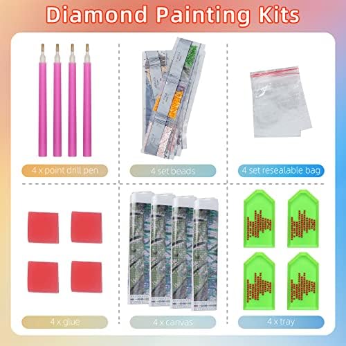 CSKunxia 4 Pakovanje Dijamantni setovi za oslikanje za odrasle Dijamantne točke okrugle pune bušilice Diamond Art Slikanje za Crystal Home Zidni poklon
