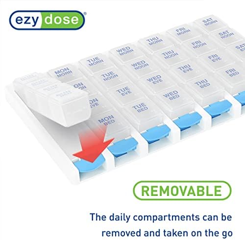 EZY doza sedmično 4 puta dnevno Organizator pilula sa dugmetom i vitaminski Planer, uklonjive dnevne kutije za pilule, plava, prozirni poklopci, mali