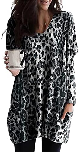 Ženske plus veličine V izrez dugih rukava sa džepovima Klasične modne leopard tiskane tuničke bluze
