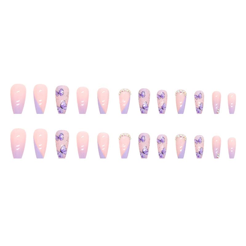 QINGGE ljubičasta ružičasta presa na noktima lažni nokti srednje dužine sa leptir dizajnom Luksuzni sjajni akrilni nokti štap na noktima