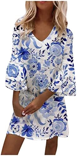 NOKMOPO Midi suknje za žene Ženski modni Temperament elegantna štampana V-izrez 3/4 rukava Mini haljina