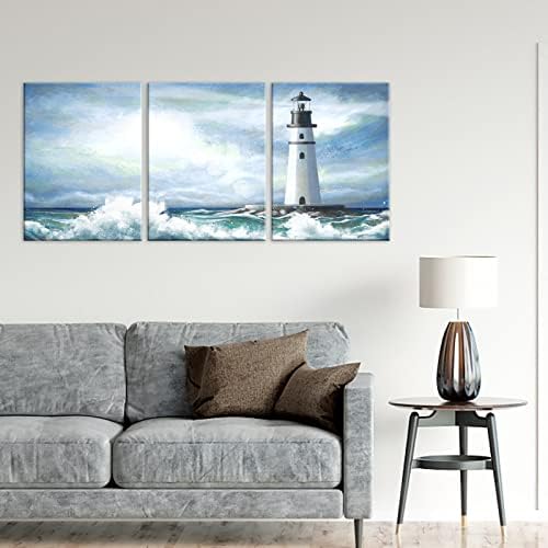 HOMEOART Obalni Svjetionik zavjese za tuširanje Painting Canvas Wall Art Framered rastegnut spreman za kačenje dekor medijske sobe 16x24 x3 komada