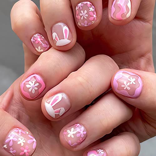 24kom Uskršnja presa na noktima kratka, Nude ružičasti kratki lažni nokti sa dizajnom, sjajni slatki puni poklopac lažni nokti sa zečevima i dizajnom cvijeća, umjetni štap za višekratnu upotrebu na noktima za žene& djevojke
