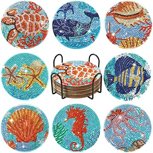 8pcs Diamond Slikarstvo Ocjenjivači Ocean Set, DIY Diamond Art COASTERS Ocean Life Diamond Coaster set s držačem za početnike Odrasli