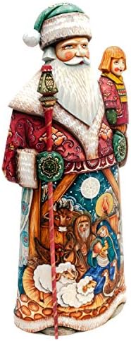 350 mm Djed Mraz sa rukom s rukom obrubljenom božićnom pričom i dječakom sjedeći na ramenu izrezbarena drvena statua