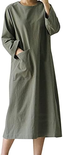 Vintage prevelika haljina za žene pamučno posteljina duga haljina srednje dužine umjetnika retro dugih rukava plus veličina haljina casual green