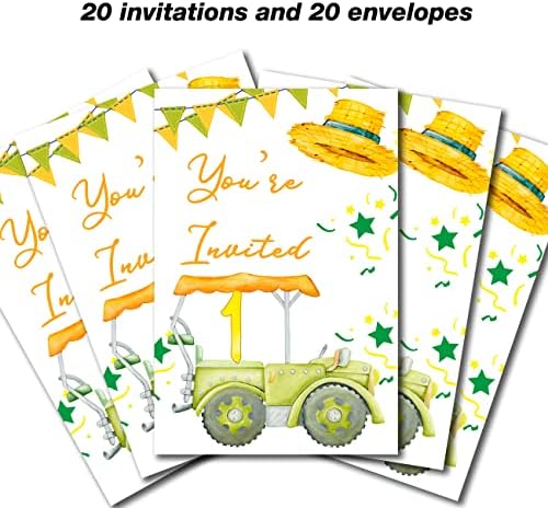 Zelena boja traktora Prvi rođendan Pozivnice popunjavaju set od 20 s koverte Farm Boy 1. rođendana Pozivnice Kartice, dvostrano