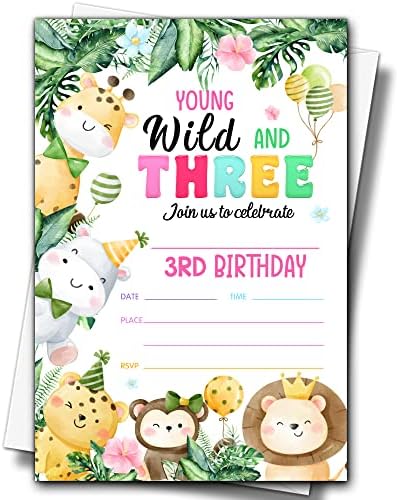 Građevinski mladići i tri rođendanske pozive sa kovertama, 4 X6 safari životinje 3. rođendanske pozivnice za rođendan, župa za divlje