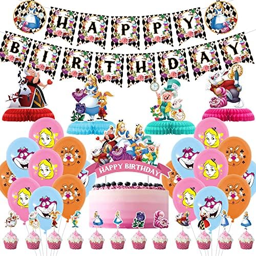 Alice In Wonderland Birthday Party dekoracija, uključuju Alice Birthday Banner, središnji dijelovi stola, Topper za torte, balone