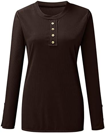 Ženske zapadnih košulja s dugim rukavima 1/4 niz gumb niz vrat Retro Henley vrhovi Slim uskim rebrastim pletenim bluzama